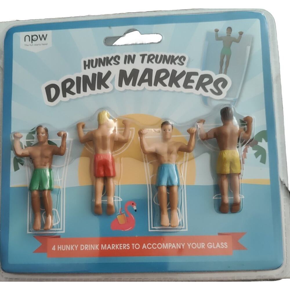 Hunks in Trunks Novelty Drink Marker 4 Pc Cocktails Beer Party Pool Bachelorette